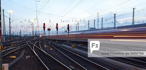 Einfahrende Züge in der Dämmerung  Hauptbahnhof  Frankfurt am Main  Hessen  Deutschland  Europa