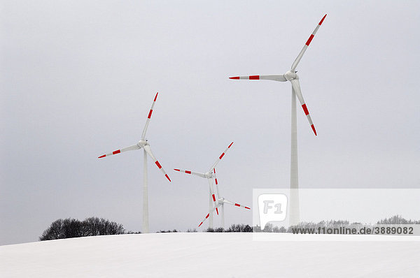 Rot-weiße Windkrafträder im Schnee gegen grauen Himmel  Schönberg  Mecklenburg-Vorpommern  Deutschland  Europa