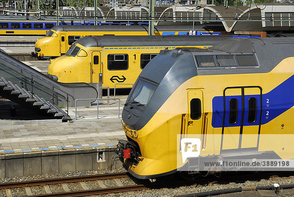 Zug am Bahnhof  gelbe Züge am Hauptbahnhof Centraal Station  Rotterdam  Zuid-Holland  Süd-Holland  Niederlande  Europa