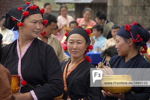 Pi Mai  Laotisches Neujahrsfest  Frauen der Phunoy Ethnie  traditionelle Kleidung in Schwarz mit roten Bommeln  Phongsali Stadt  Laos  Südostasien  Asien
