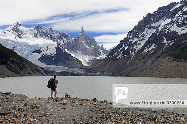 Mt. Cerro Torre summit glacier lagoon and mountain climber  El Chalten  Patagonia  Argentina  South America