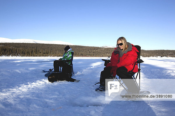 Young woman  ice fishing  Jackson Lake near Whitehorse  Yukon Territory  Canada