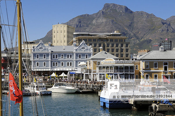 Blick auf Quay 4  V & A Waterfront und Tafelberg  Kapstadt  Westkap  Südafrika  Afrika