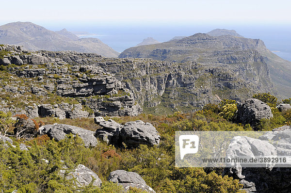 Blick vom Tafelberg in Richtung Zwölf Apostel und Kap der Guten Hoffnung  Kapstadt  Westkap  Südafrika  Afrika