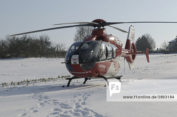 Rescue Helicopter Christoph 41  identifier D-HDRC  landing on a snow-covered meadow  Stuttgart  Baden-Wuerttemberg  Germany  Europe
