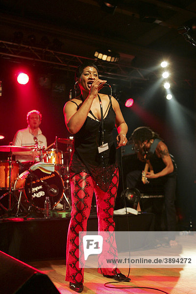 Freda Goodlett  singer and front woman of the US-Swiss funk and soul band Funky Brotherhood live at the Winterfestival music festival in Wolhusen  Lucerne  Switzerland