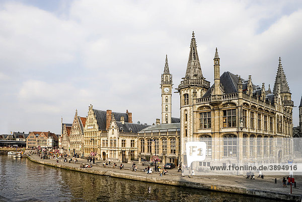 Promenade with ancient guild houses along the Lys or Leie  on the right the historistic post office in neo-Gothic style  Graslei  Ghent  Flanders  Belgium  Europe