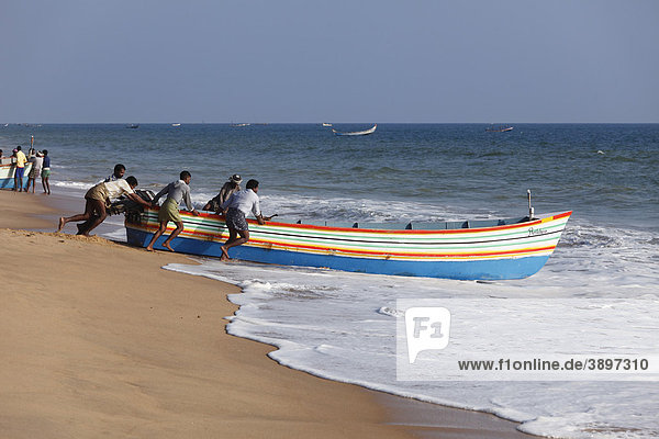 Fischer schieben Fischerboot ins Meer  Somatheeram Beach  Malabarküste  Malabar  Kerala  Südindien  Indien  Asien
