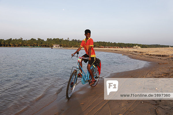 Proud boy riding a bike along the Poovar River  backwater  in front of the Hotel Isola di Cocco Resort  Puvar  Kerala  South India  India  Asia