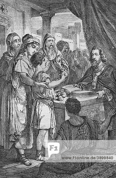 Die Gläubigen legen ihr Geld zu den Füßen der Apostel historischer Stahlstich aus dem Jahre 1860