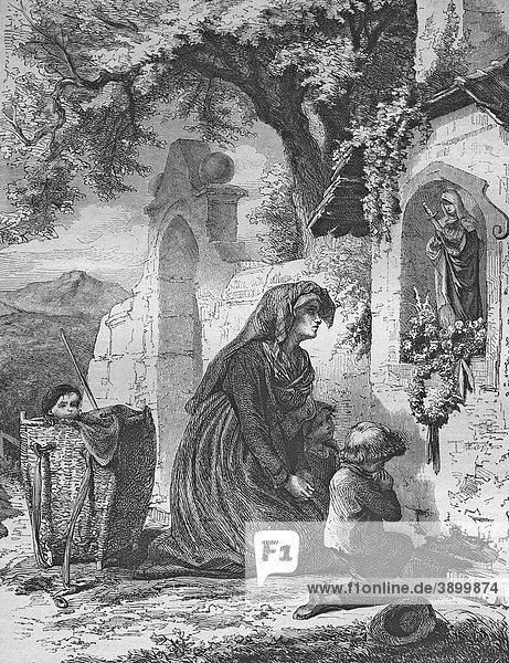 Anrufung der Heiligen historischer Stahlstich aus dem Jahre 1860
