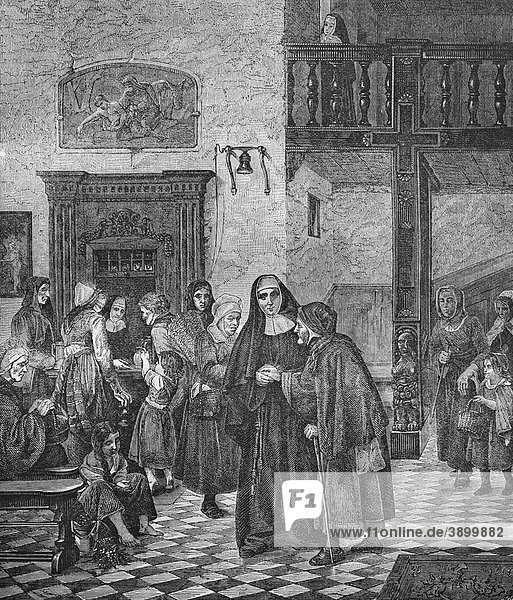 Das Almosen ist der Kaufpreis des Himmels historischer Stahlstich aus dem Jahre 1860