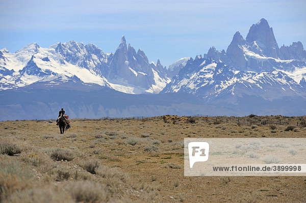 Mounted goucho in front the Andes with Mt. Fitz Roy and Mt. Cerro Torre  El Chalten  Andes  Patagonia  Argentina  South America
