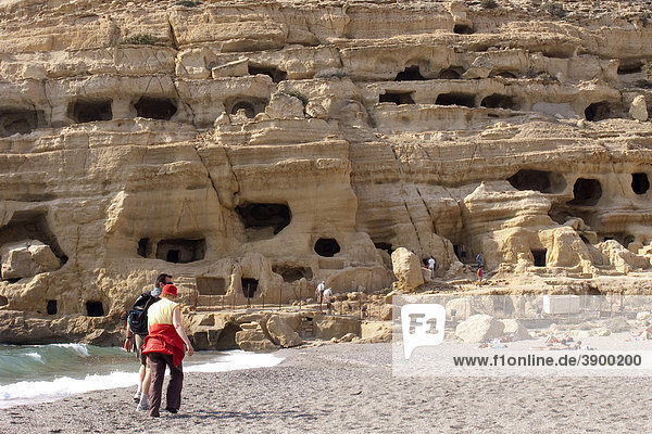 Prehistoric cave dwellings in Matala  Crete  Greece  Europe