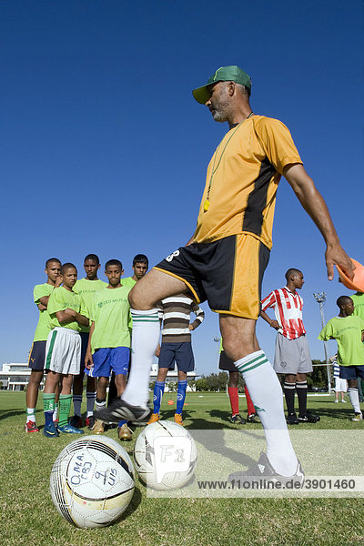 Coach instructing players at the Old Mutual Football Academy  Cape Town  South Africa