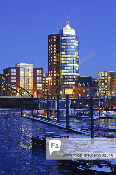 The marina in the Hamburg harbor  in the back the HTC Hanseatic Trade Center  Hamburg  Germany  Europe
