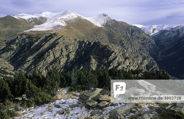 Verschneite Berggipfel  Fontalba  El Ripolles  Pyrenäen  Spanien  Europa