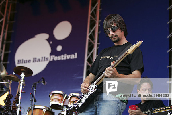 Ramun Brunner  guitarist for the Swiss band Cigi & Straight Outta Mama  performing live at the Blue Balls Festival  Pavilion by the Lake  Lucerne  Switzerland  Europe
