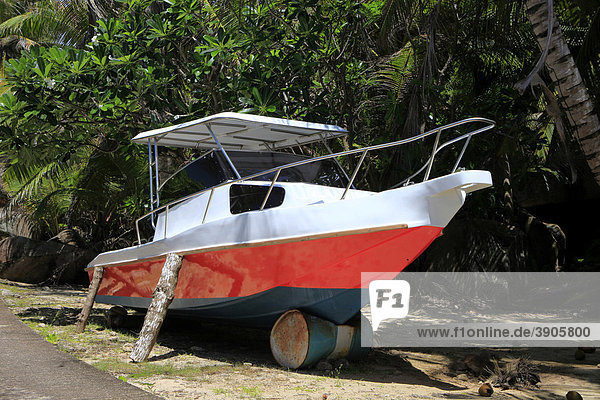 Boat in dry dock  Mahe island  Seychelles  Africa  Indian Ocean