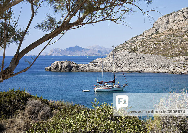 Sailing ship anchoring off Ladiko Bay  Rhodes Island  Greece  Southern Europe  Europe