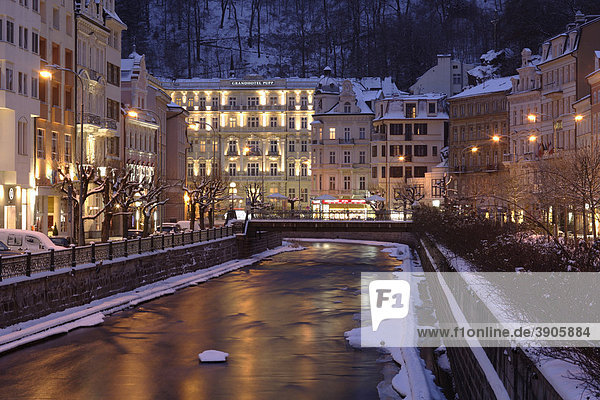 Carlsbad  Karlovy Vary  with Grand Hotel PUPP at night  Czech Republic  Europe