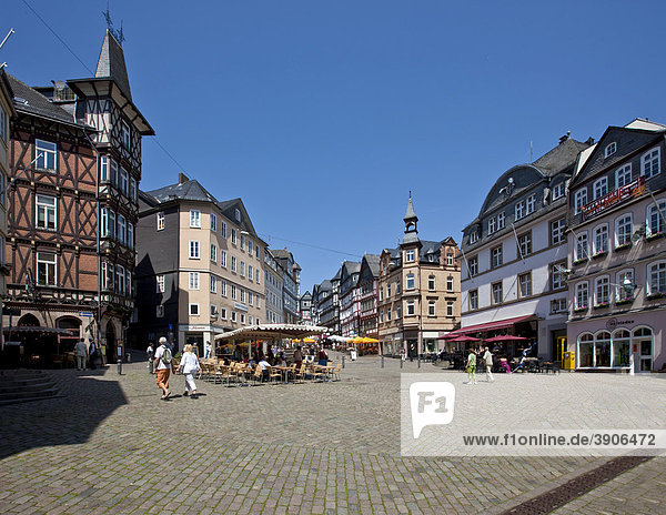 Marketplace with restaurants  view on the Mainzergasse street  old town of Marburg  Hesse  Germany  Europe