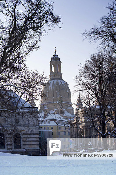 Blick zur Frauenkirche von der Brühlschen Terrasse an einem Spätnachmittag im Januar  Dresden  Sachsen  Deutschland  Europa