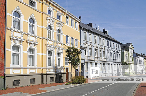 Colourful  historical facades  houses on a street in Luedenscheid  Maerkischer district  Sauerland  North Rhine-Westphalia  Germany  Europe