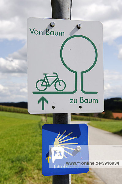 Wegmarkierungen Radweg Von Baum zu Baum  Wanderweg Jakobsweg  Chiemgau  Oberbayern  Bayern  Deutschland  Europa