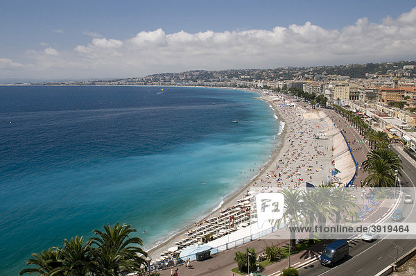 View of Nice and the beach from the castle mountain Colline du Chateau Nice Cote d'Azur Provence France Europe