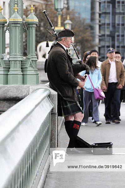 Scotsman with kilt and bagpipes  Westminster Bridge  London  United Kingdom  Europe