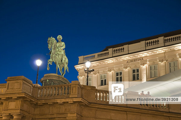 Equestrian statue in front of Albertina Palace at dusk  Vienna  Austria  Europe