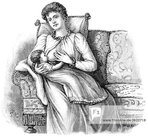 Breastfeeding  historical illustration from: Anna Fischer Dueckelmann  Woman as the Family Doctor  Stuttgart  1907  p. 735  fig. 411