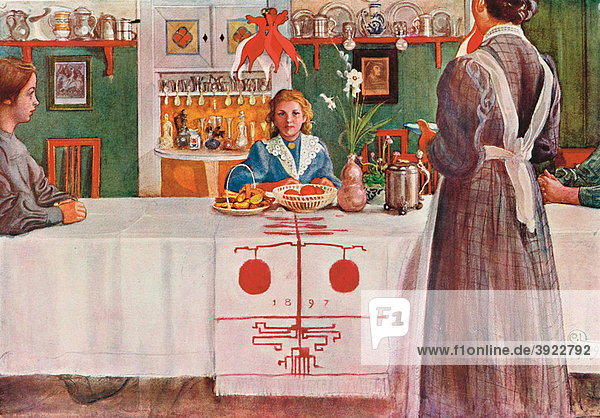 Die Freundinnen aus der Stadt  historische Illustration aus: Carl Larsson: Lasst Licht hinein  Berlin 1909  Nr. 19