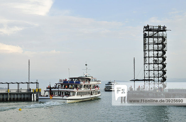 Port entrance of the Friedrichshafen harbour with observation tower and boats  Lake Constance  Baden-Wuerttemberg  Germany  Europe