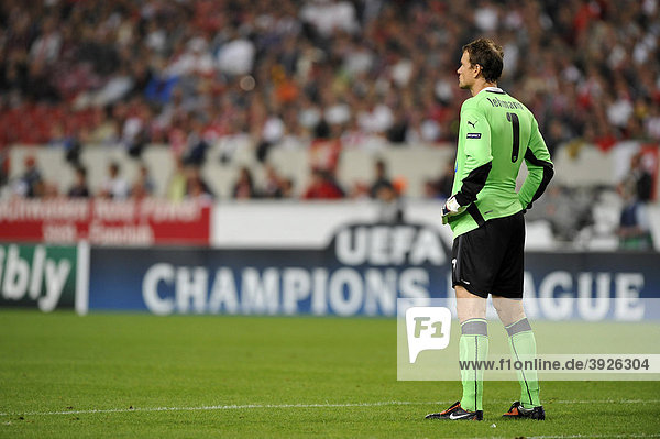 Goalkeeper Jens Lehmann  VfB Stuttgart  in front of advertising for the UEFA Champions League