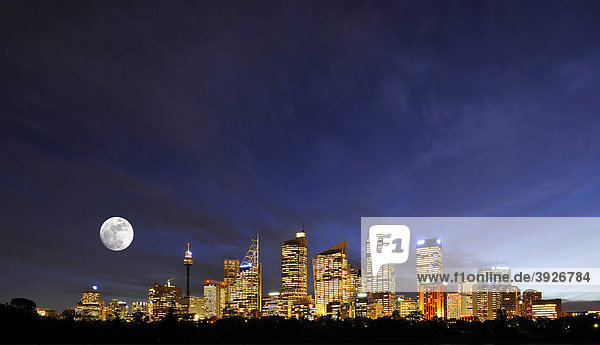 Sydney Skyline mit Vollmond  TV Tower  Central Business District  Nachtaufnahme  Sydney  New South Wales  Australien