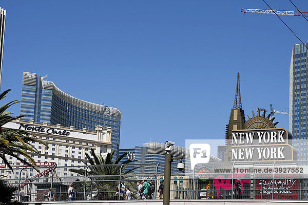 The New York New York Hotel and the Monte Carlo Hotel on Las Vegas Boulevard  Las Vegas  Nevada  USA