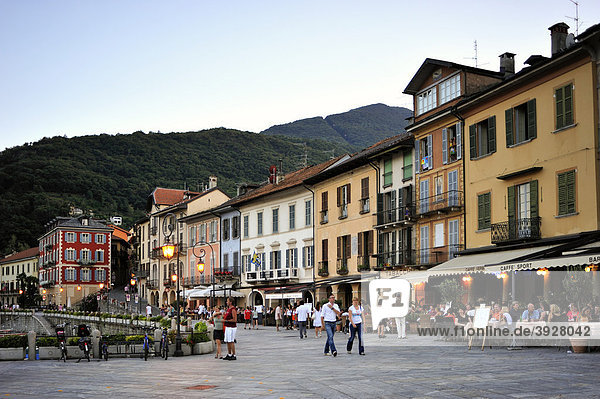 Promenade with street restaurant  Lago Maggiore lake  Cannobio  Piedmont  Italy  Europe