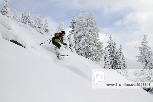 Skier in deep snow in Pongau  Salzburg  Austria  Europe