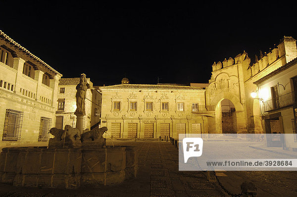 Fountain of the lions and Antigua CarnicerÌa  old butcher's shop  at Populo square at dusk  Baeza  Jaen province  Andalusia  Spain  Europe