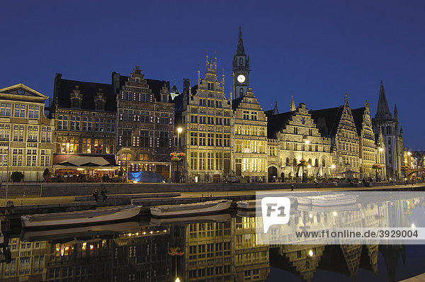 Guild houses and Leie river at dusk  Ghent  Flanders  Belgium  Europe