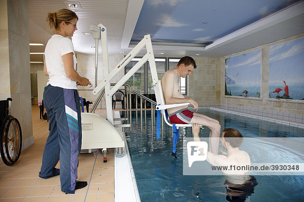 Transport lift for individual therapy in a heated pool  physical therapy in a neurological rehabilitation centre  Bonn  North Rhine-Westphalia  Germany  Europe