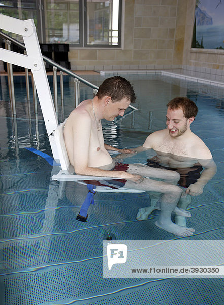 Transport lift for individual therapy in a heated pool  physical therapy in a neurological rehabilitation centre  Bonn  North Rhine-Westphalia  Germany  Europe