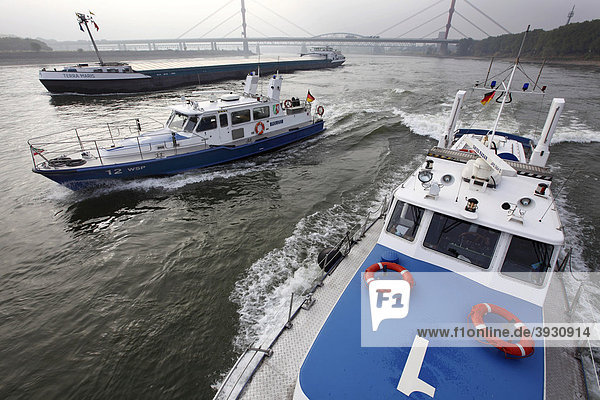 Boat of the water police patrolling on the Rhine river at Duisburg  North Rhine-Westphalia  Germany  Europe