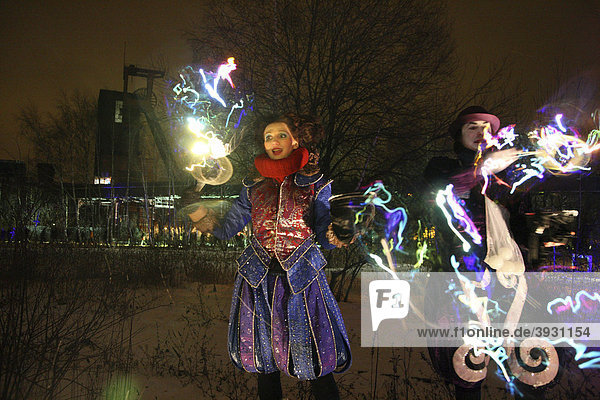 Winter fairy tale forest  art event with many actors and artists  part of the GlueckAuf2010 cultural festival at the start of the European Capital of Culture year  on the site of the Zeche Zollverein mine and coking plant  Essen  North Rhine-Westphalia  Germany  Europe