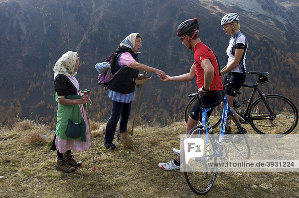 Bicycle racers with the berry pickers at the Passo di Pennes road  South Tyrol  Italy  Europe