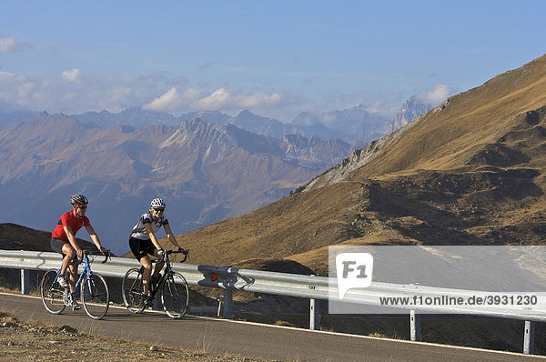 Rennrad-Fahrerin und Fahrer am Penserjoch  Südtirol  Italien  Europa