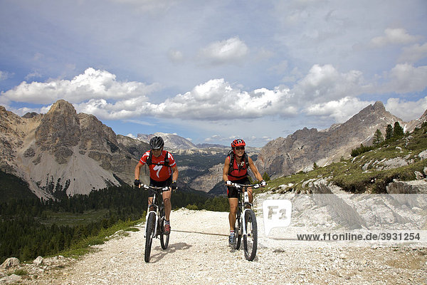 Mountain bike riders on the Limo Pass in Fanes-Sennes-Prags Nature Park  Trentino  Alto Adige  Italy  Europe