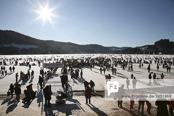Crowds on the frozen Titisee lake in the Black Forest  Baden-Wuerttemberg  Germany  Europe